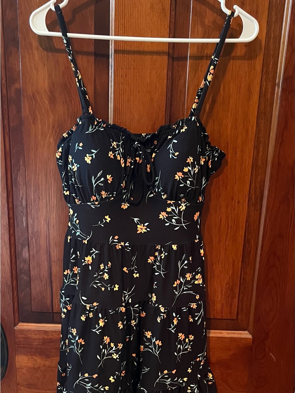 No Boundaries Black Floral Tiered Dress with Yellow Print